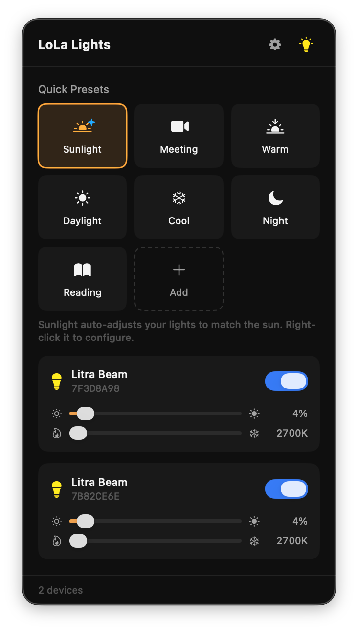 LoLa Lights macOS menu bar panel showing Logitech Litra Beam brightness and color temperature controls with quick presets